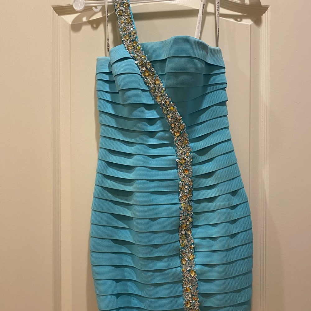 Sherri Hill Blue One Shoulder Embellished Dress